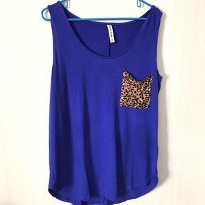 Bright BlueTank Tunic with Leopard Pocket Curved-Hem Pocket Top by "Color Alien"
